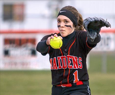 Maidens’ Regan Clairmont delivers a pitch during Ronan’s home opener against Libby.