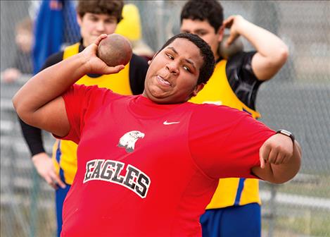 Two Eagle’s Zion Bolen competes in shot put.