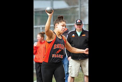 Ronan Maidens’ Micalann McCrea competes in the shot put during the Ronan Invitational on April 1. McCrea won three events at the Bigfork Invitational last Saturday.