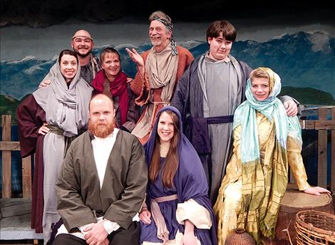 In the Port Polson Players’ Two by Two musical comedy, Neal Lewing appears as 600-year-old Noah (center). Included in Noah’s family (left to right) are Katie Rowold (Leah), Jake Kimmel (Shem), Shellie Winebrenner (Noah’s wife, Esther), Mason Niblack (Ham), Adalei Shoemake (Goldie), and Ben Hoover as Japheth. Haley Hoover appears as Rachael.
