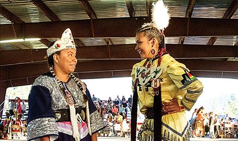 Allyshia Manuel, left, last year’s Miss Salish Pend d’Oreille, passes the honor to this year’s representative, Leniece Trahan.