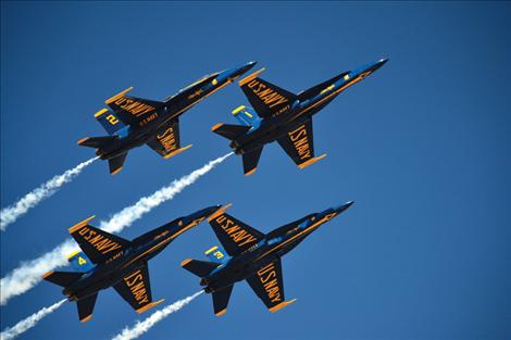 The Navy’s Blue Angels, above at the 2012 Miramar Air Show in San Diego, Calif., and the Air Force’s Thunderbirds have been grounded due to the budget cuts, according to a Malstrom Air Force Base spokesperson. 