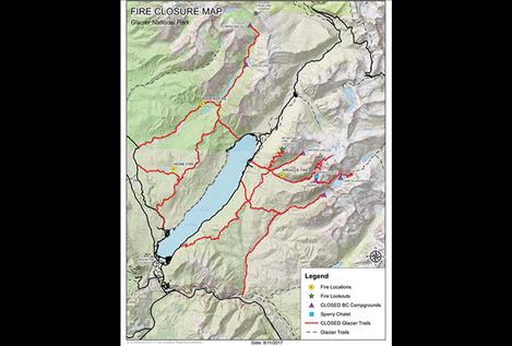 The locations  of several  lightning- sparked  fires  in Glacier  National Park  are noted  to the left.