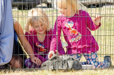 Sisters Amila and Moira Salsbery enjoy a bunny at the 4H Petting Zoo.