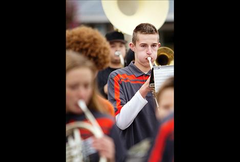  Ronan High School Marching Band plays for the town during the parade.