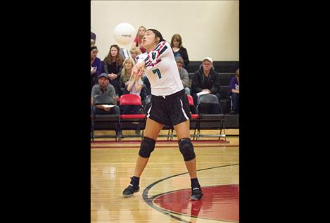 Two Eagle River’s Justina BigBeaver returns a serve.