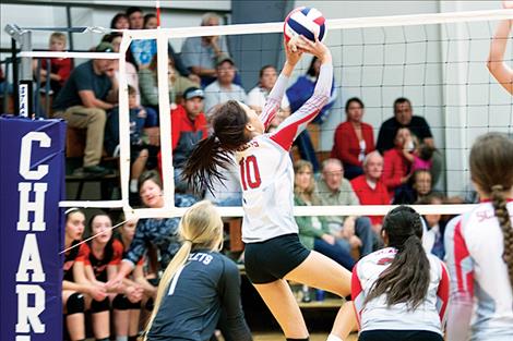  Pirate Kaelyn Smith battles an opponent at the net during a home game Oct. 7.