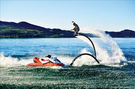  TJ Andrews practices his flyboarding skills on Flathead Lake in spring of 2016.