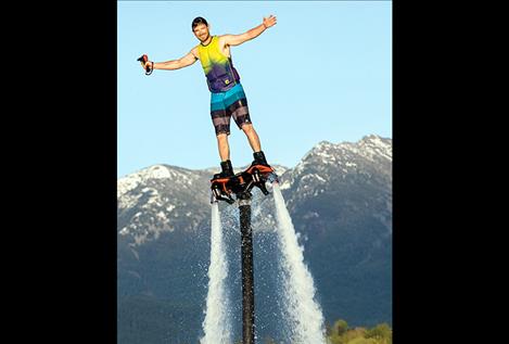 J Andrews flies over Flathead Lake during flyboarding practice in the spring of 2016.