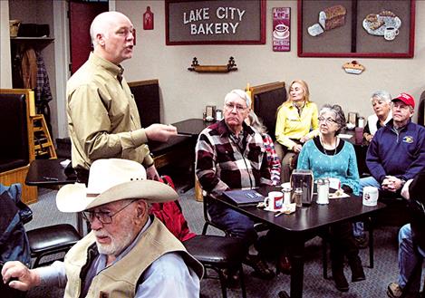 U.S. Rep. Greg Gianforte addresses a gathering at Lake City Bakery & Eatery last week.