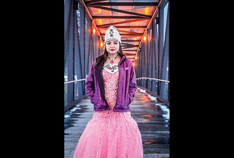 Lene Trahan is the reigning Miss Salish Pend d’Oreille. She is on the bridge in Pablo.