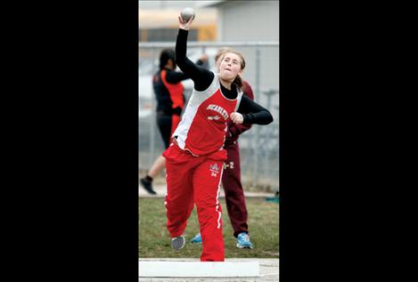 Megan Reed hurls the shot put at the Ronan Invitational.