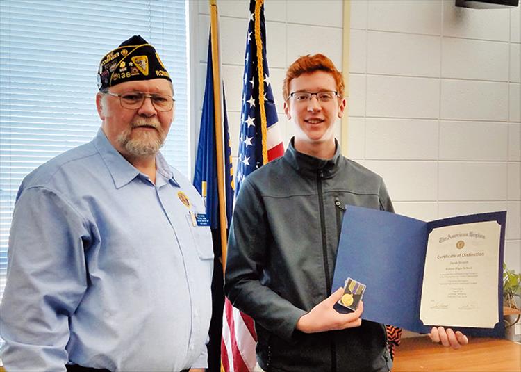 RONAN — Jacob Dresen, winner of the local post-level American Legion Oratorical Scholarship contest, poses with Glen Sharbono of Post 138 and shows off his medal and Certificate of Distinction. Dresen, a student of Ronan High School, took first place with his prepared oration titled: “Knowing Your Rights.” The first place award at the National level is $18,000. Post 138 awarded Jacob a $75 scholarship, a certificate of distinction, a Gold Patrick Henry Oratory Medal and lapel pin. Post 138 would like to thank Jacob and wish him the best of luck as he progresses throughout the American Legion Oratorical Scholarship Contest.