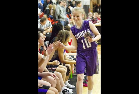 Charlo Lady Viking Kaitlyn Cox celebrates winning 3-point contest with teammates. 