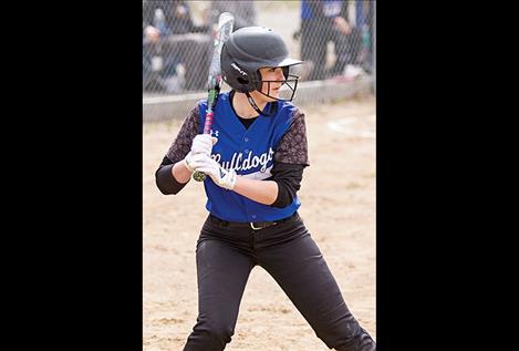  MAC Bulldog Kalista Clark stares down a Loyola pitcher.