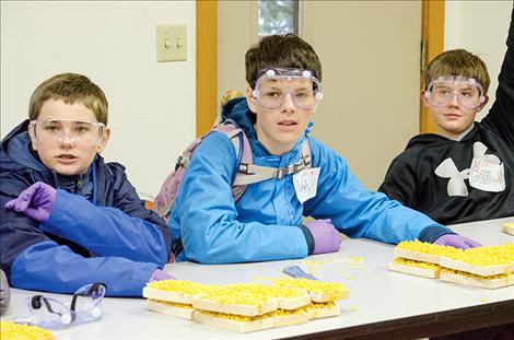 Students learn what it could be like to scrape mussel shells off a dock by attempting to scrape off macaroni glued to a board.