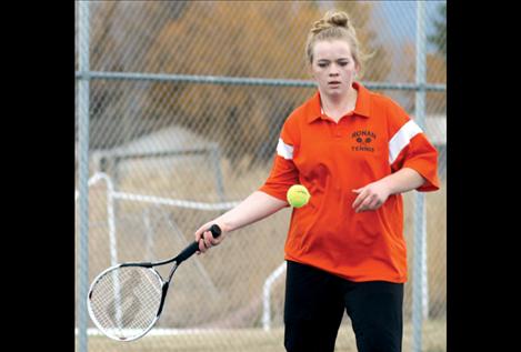 No. 1 girls’ singles player Sarah Anderson concentrates during her match against Mission’s Kayla Billette two weeks ago.