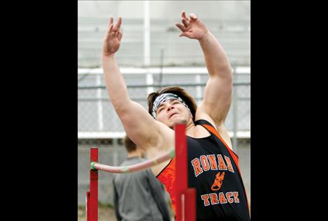 St. Ignatius senior Barret Sargent takes a turn at the high jump at the Ronan Invitational March 28.