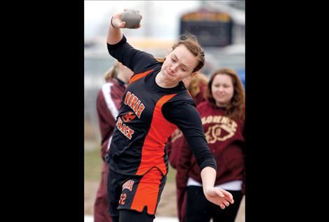 Aspen Jore hurls the shot put at the Ronan Invitational.