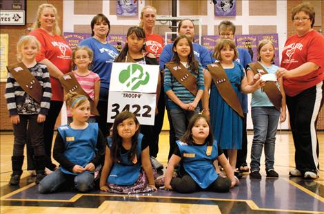 Daisy and Brownie Scout Troop 3433 work hard to give to money to support Chubby Chicks basketball. Ella, front left, Lovlei, Aaliyaha, Katelyne, left second row, Bethany, Mikenzie, Alayna, Maizy, and Harlee all presented the money from bake sales and an art sale.