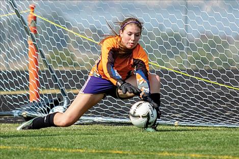 Lady Pirate goalie Megan Rost makes a save during the Billings Central match.