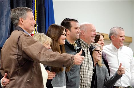 People on a Montana tour to support the Republican party smile for a few photos during the rally in Ronan, including, from left, Sen. Steve Daines and his wife,Cindy Daines; Kimberly Guilfoyle and Donald Trump Jr; U.S. Rep. Greg Gianforte and his wife, Susan Gianforte; and Jean Rosendale with her husband Senate candidate Matt Rosendale.
