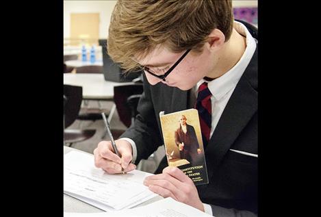 Davis Smith works on his  Lincoln-Douglas debate. 