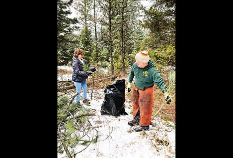 Volunteers help the Dogs with Wings students gather tree boughs.