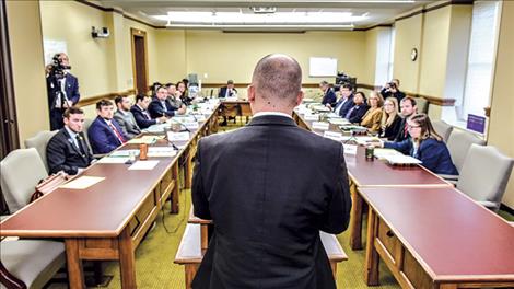 House Minority Leader Casey Schreiner, D-Great Falls, addresses the House Rules Committee.