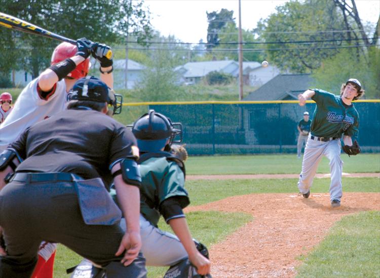 Mission Valley Mariner JT Probst hurls a pitch Sunday during the Mariners’ Mother’s Day game against the Kalispell Lakers. Results from Sunday’s games were not available by press time. On Saturday, the Mariners A team fell in two rounds to the AA Kalispell team, losing the opener 6-0 and the nightcap 15-5. The Mariners are on the road to Eureka and Missoula this weekend before holding baseball camp in St. Ignatius on May 25.