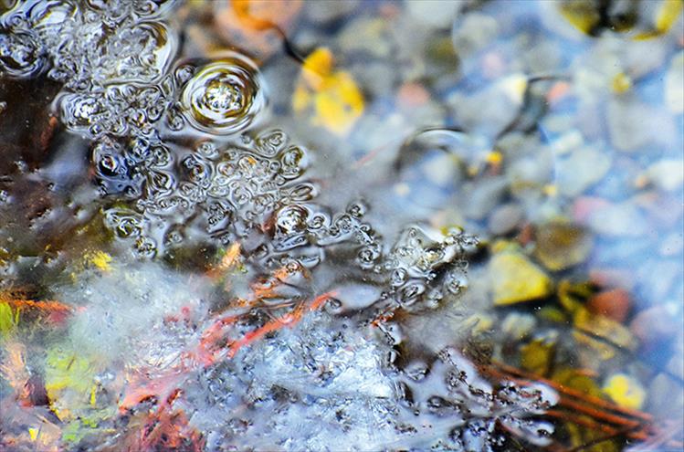 Bubbles swirl around ice in a semi-frozen stream bed in the North Crow area of Ronan.