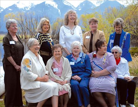 Kuilix Chapter members enjoy the sunshine. From left, front row, Amanda Hodges, Hope Stockstad,    Bonnie Huber,  Montana State Regent Joy Linn and Carolyn Swalling. Back row are, left, Shirley Cordis,   Carolyn Corey, Nancy Mehaffie, Kathleen Normandeau, Julia Borden.