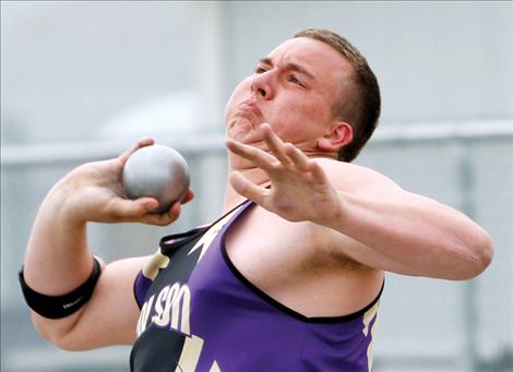 Senior Riley Sampson hurls the shot put during the Lake County IInvitational last month. Sampson was crowned the Northwestern A divisional champ in shot put last weekend with a winning toss of 53 feet, 7 inches. 