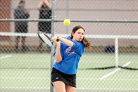 Mission Lady Bulldog Maria Bugeda volleys the ball.