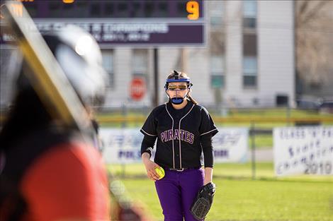 Lady Pirate pitcher Lauren Vergeront stares down the batter.