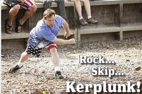 Rob Zolman / Valley Journal Carlo Adrignola fires a stone across Flathead Lake during the 2019 Flathead Lake Rock Skipping Competition.