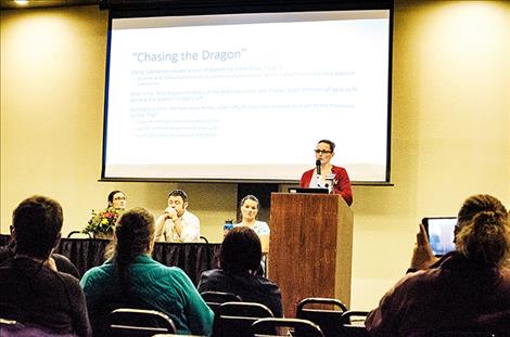 Maria McNeil Williams of St. Joseph Medical Center speaks about opioid addiction at an informative community event held at the Kwataqnuk on Thursday.