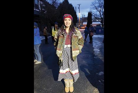 Grace Sutherland, who won second place in an MLK essay and poetry contest for her letter to Missing and Murdered Indigeouns Women, wears her hand-sewn ribbon skirt as she marched in a youth rally.