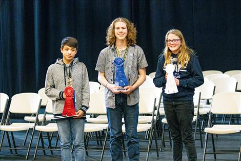 Winners of the 55th Annual Lake County Spelling Bee are Jayceon Cutfinger, second place; August Hertz, first place; and Marina Kestner-Pavlock, third place.