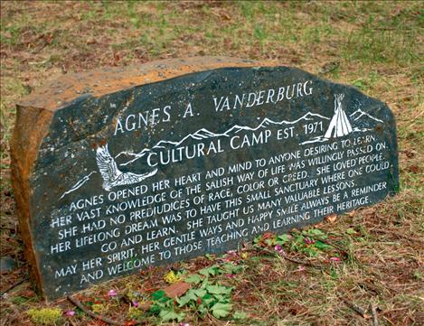 An inscription at Culture Camp honors Agnes Vanderburg, who began the Culture Camp on her property.  