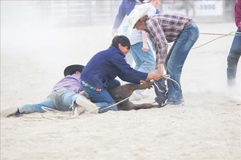 A group of teens struggle to slip a pair of boxer shorts on an uncooperative steer during the calf bloomer race.