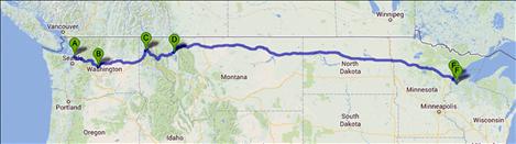 A Google map illustrates Lewis’ journey so far. He hopes to complete the walk across the country in late September.