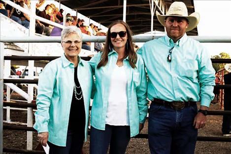 Left to right: Wolf Point’s Christy Stensland, Nicole Paulson and JD Stensland pause between events at the Wild Horse Stampede rodeo  Saturday, July 11. 