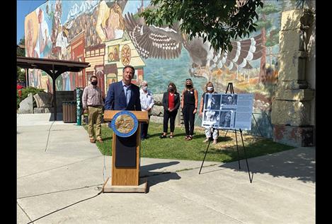 Governor Bullock makes an address to celebrate Women’s Equality Day in front of the women’s mural in Helena.