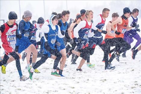  Class B State Championship cross crountry runners take off to a snowy start.