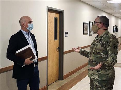 Governor-elect Greg Gianforte speaks with Major General Matthew T. Quinn at Fort Harrison about COVID-19.