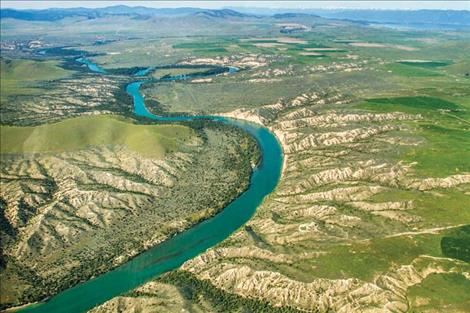 Aerial view of the Flathead River and surrounding terrain north of the National Bison Range.