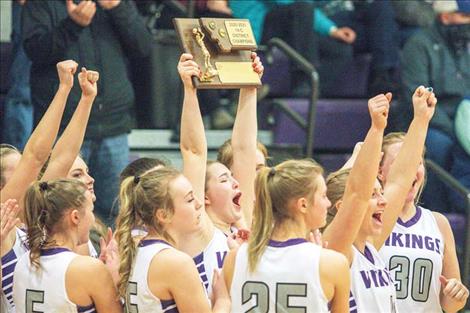 The Charlo Lady Vikings celebrate their fourth straight District 14C Championship. 