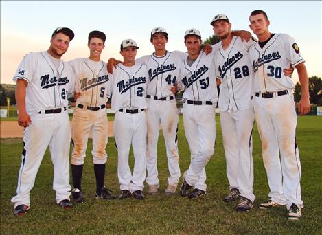 Mission Valley Mariners Jeremiah Crawford, Bradley PIchler, Kellen Hoyt, TJ Olson, Nick Crawford, Chris Drebes, and Quinn Harlan, from left, are all seniors with the Legion baseball team.