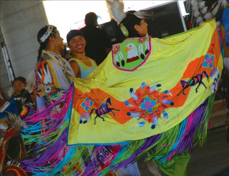 Jade Montgomery, Canada, dances at the Standing Arrow Powwow, which was her first powwow.  